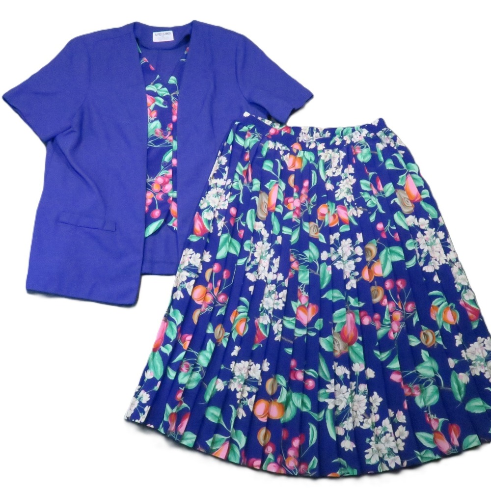Vintage 80s 90s Skirt Top Set 18 Blue Floral Fruit Pleated Shoulder Pads Teacher